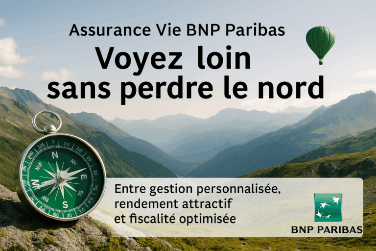Assurance Vie BNP Paribas : compas en montagne, slogan « Voyez loin sans perdre le nord »