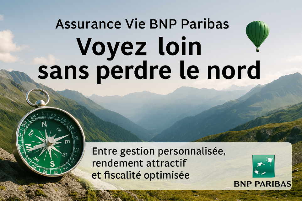 Assurance Vie BNP Paribas : compas en montagne, slogan « Voyez loin sans perdre le nord »
