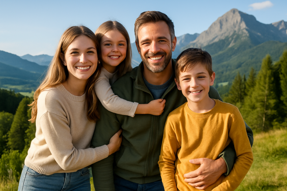 Famille souriante en montagne illustrant la sécurité de l’épargne avec l’assurance vie BNP Paribas