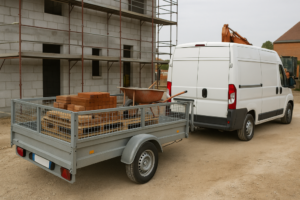 Prix du permis remorque : remorque chargée de matériaux de chantier tractée par un utilitaire BTP