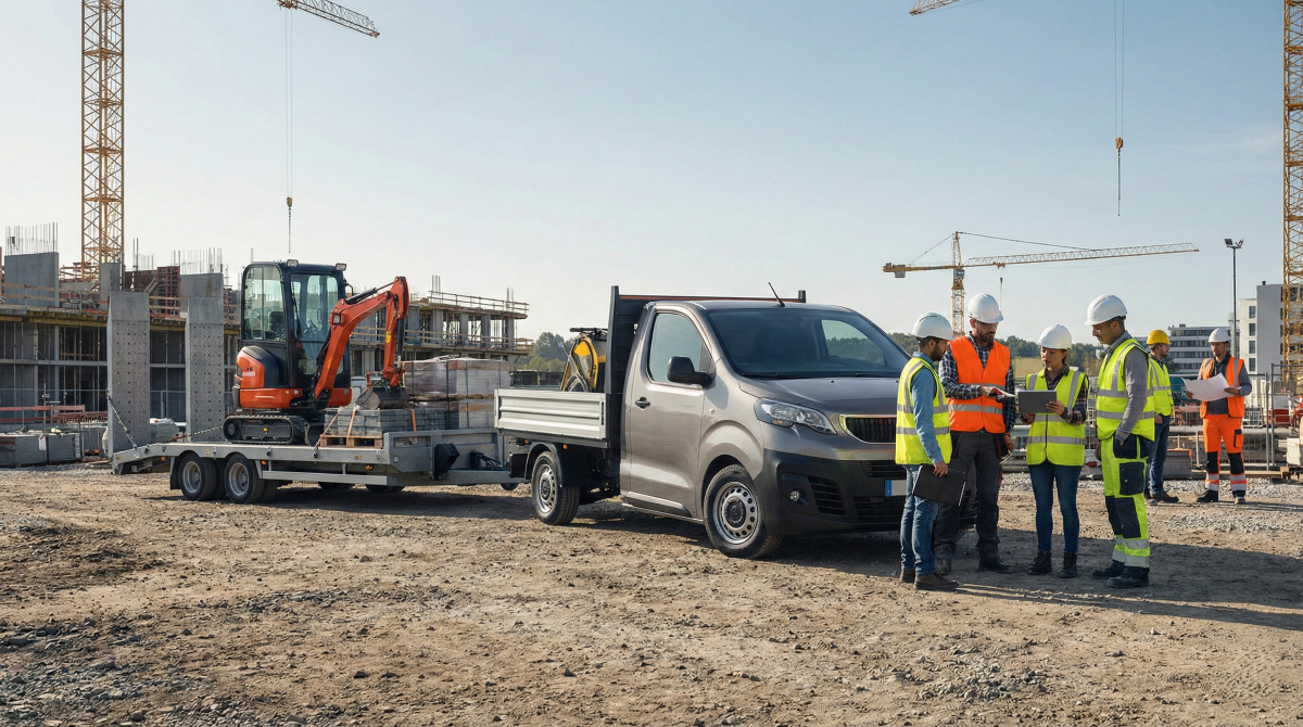 Prix du permis remorque : camion plateau tractant une remorque porte-engin sur chantier BTP